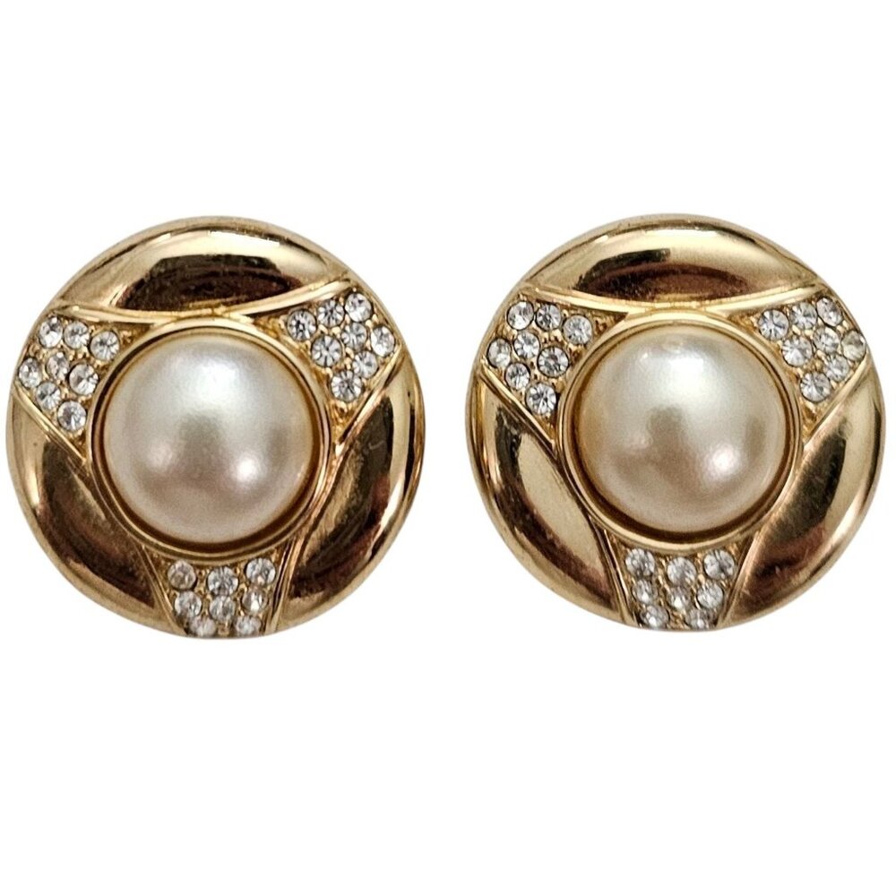 D.S.Co. Daniel Swarovski Clip Earrings Clear Crystal Gold Tone Faux Pearl Signed
